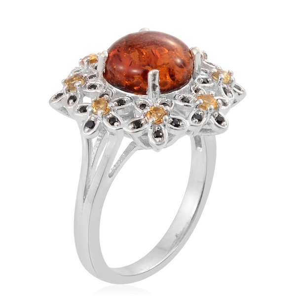 Baltic Amber (Rnd 1.50 Ct), Boi Ploi Black Spinel and Citrine Flower Ring in Platinum Overlay Sterling Silver 2.250 Ct. Silver wt 5.61 Gms.