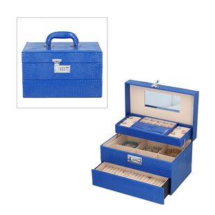 3 Layer Crocodile Skin Pattern Jewellery Box Organiser with Coded Lock and Handle Blue