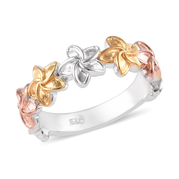 Platinum, Yellow and Rose Gold Overlay Sterling Silver Floral Ring