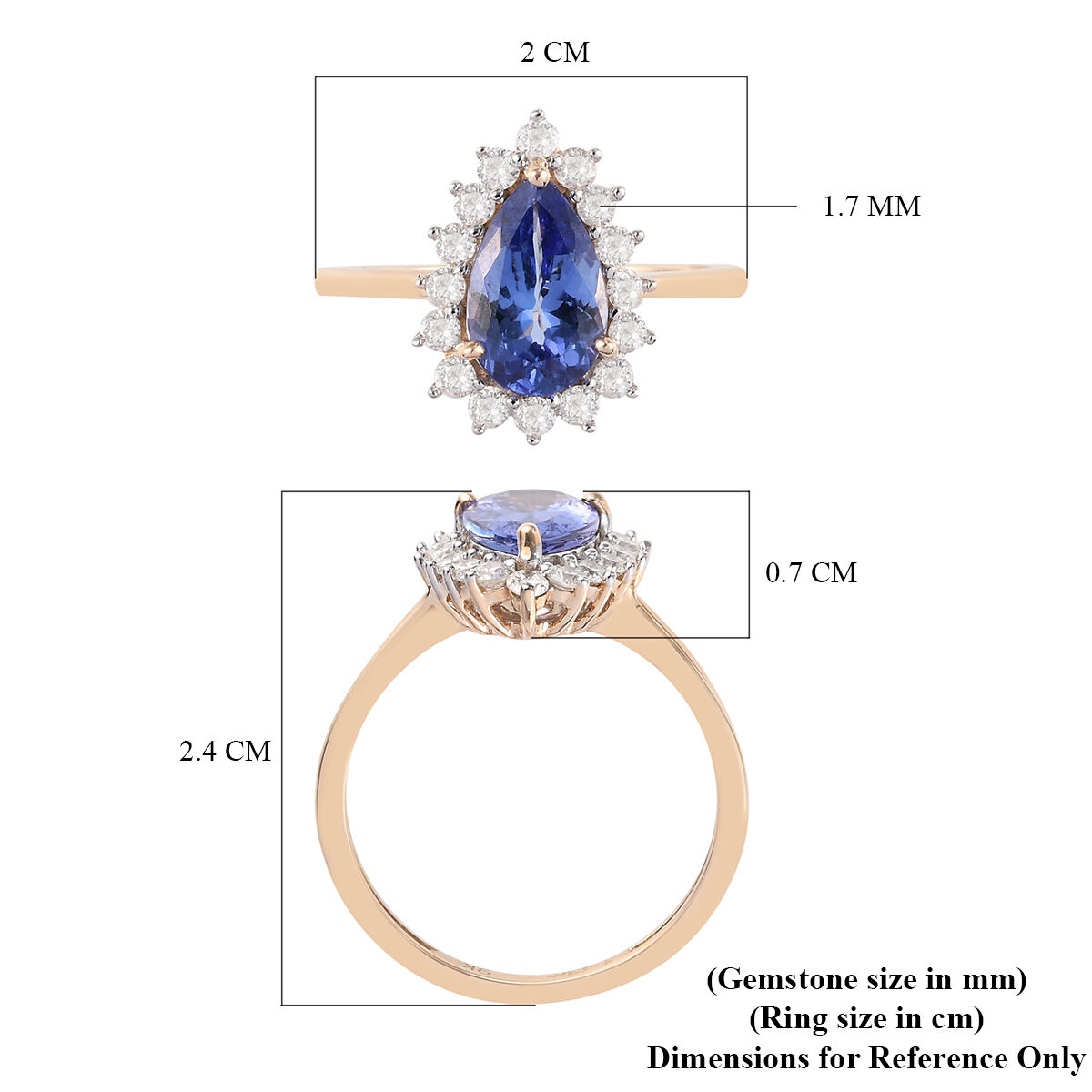 9K Yellow Gold Tanzanite and White Diamond Pear Halo Ring 1.64 Ct.