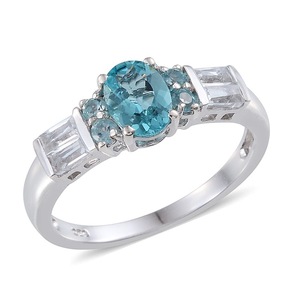 AA Paraibe Apatite (Ovl 1.25 Ct), White Topaz Ring in Platinum Overlay Sterling Silver 2.000 Ct.