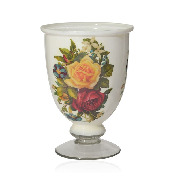 Home Decor - Flower Printed Multi Purpose Glass Hurricane Vase (Size 6.5x5 inch)