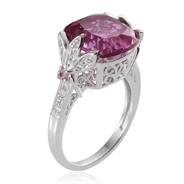 Kunzite Colour Quartz (Cush 5.50 Ct), White Topaz and Pink Sapphire Ring in Platinum Overlay Sterling Silver 5.900 Ct.