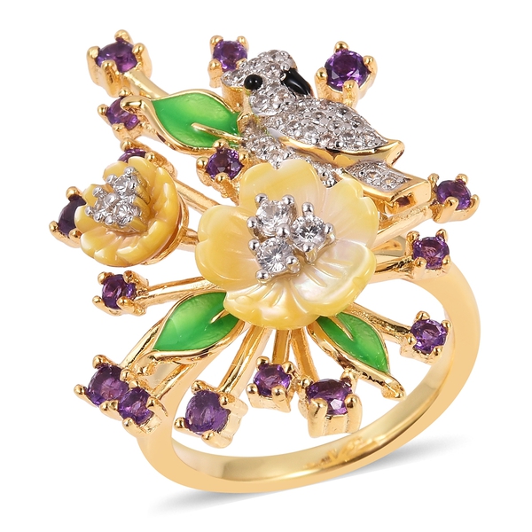 JARDIN COLLECTION - Yellow Mother of Pearl, Amethyst and Natural White Cambodian Zircon Enameled Flo