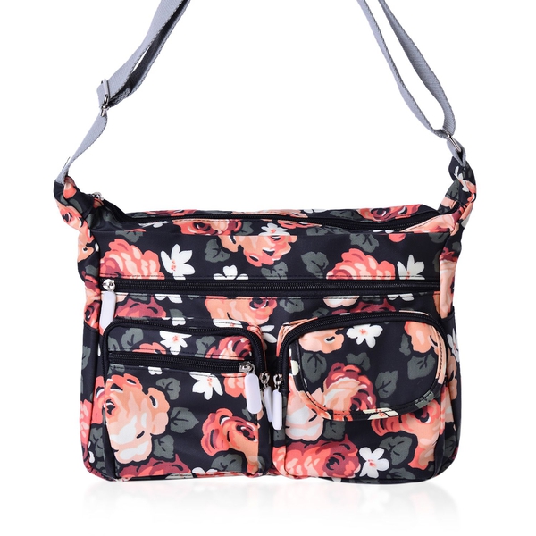 Designer Inspired Multi Colour Floral Printed Black Colour Handbag with External Zipper Pocket and A