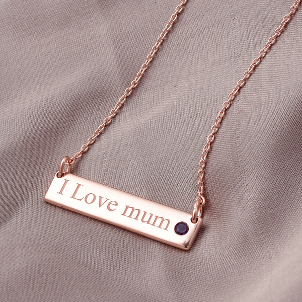 Personalised Engraved Name and Birthstone Necklace with Chain in Silver