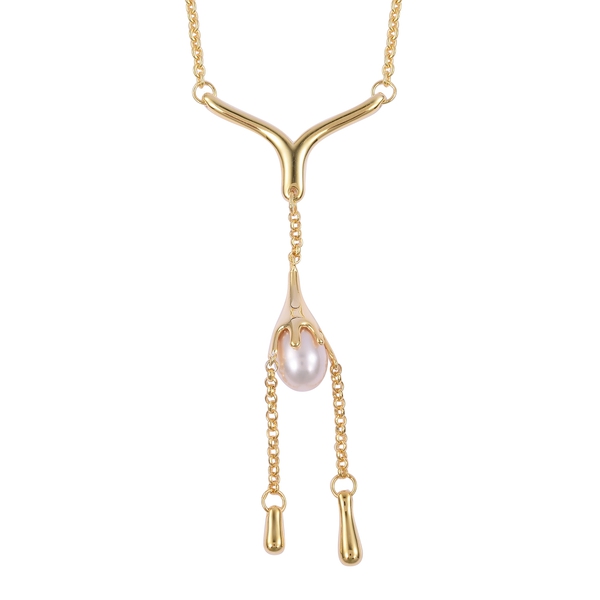 LucyQ Freshwater White Pearl (Pear 9x7mm) Drip Necklace (Size 16 with 4 inch Extender) in Yellow Gol