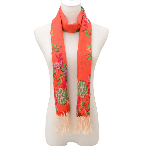 100% Wool Multi Colour Floral Pattern Orange Colour Scarf (Size 170x67 Cm)