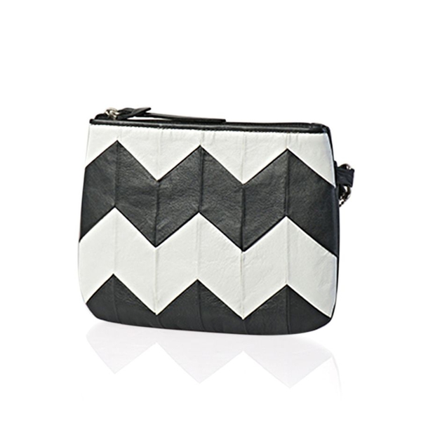 Genuine Leather Zig Zag Pattern Black and White Colour Pouch (Size 18.5x13.5 Cm)