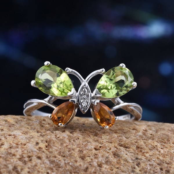Hebei Peridot (Pear), Citrine Butterfly Ring in Platinum Overlay Sterling Silver 2.000 Ct.