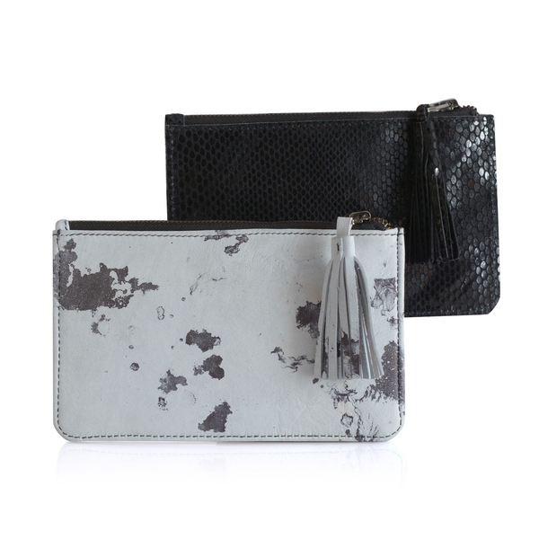 Set of 2 - Marble Print Genuine Leather Tassel Pouch with Card Slot inside (Size 19.5x12.5 Cm)