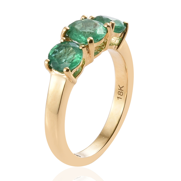 ILIANA 18K Yellow Gold AAA Kagem Zambian Emerald (Rnd) Three Stone Ring 1.750 Ct.