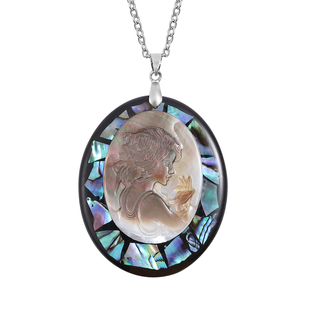 Cameo and Abalone Shell Pendant with Chain in Stainless Steel 24 Inch