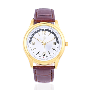 STRADA Japanese Movement Water Resistant Watch with Brown PU Strap and Gold Plating - Silver