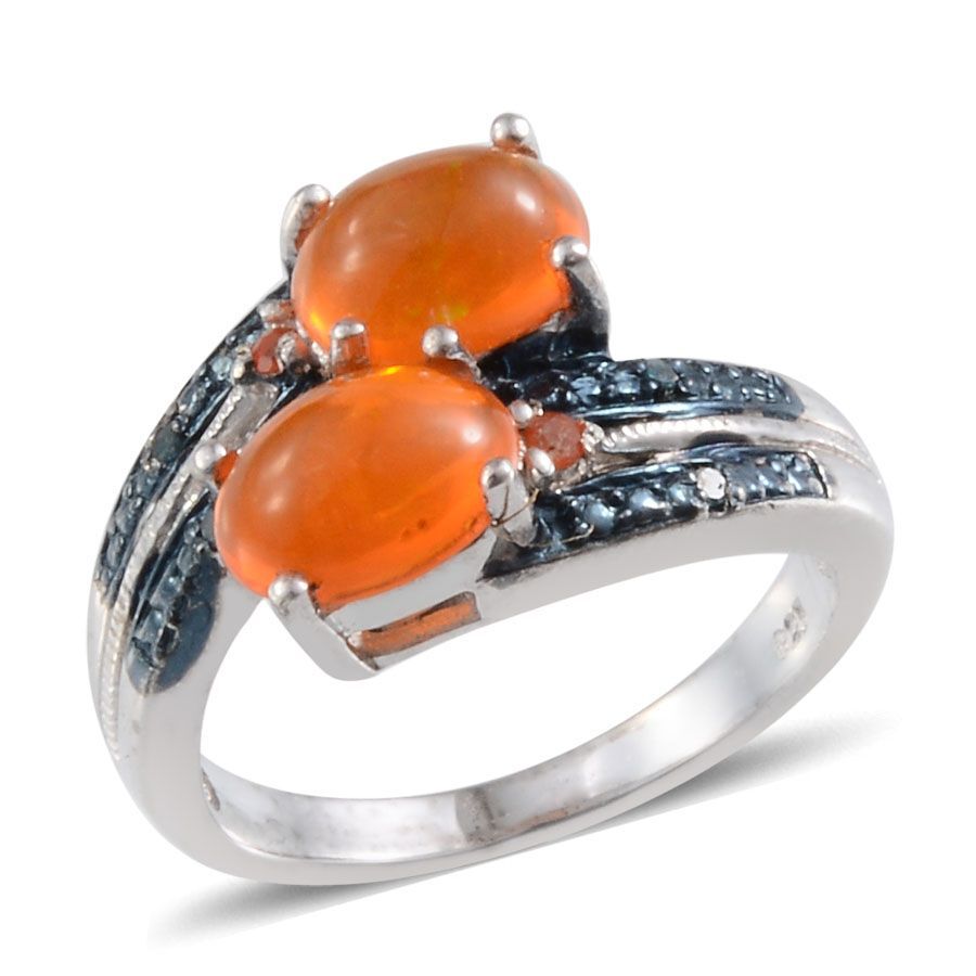 Orange Ethiopian Opal (Ovl), Jalisco Fire Opal and Blue Diamond Crossover Ring in Platinum Overlay S