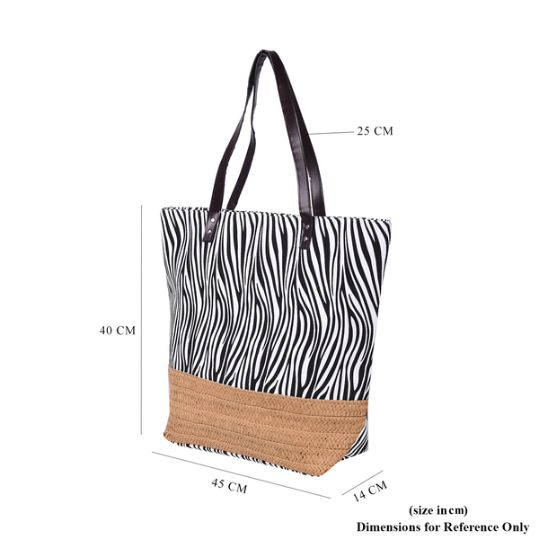 Zebra Pattern Tote Bag with Straw-Woven Design in White and Blue