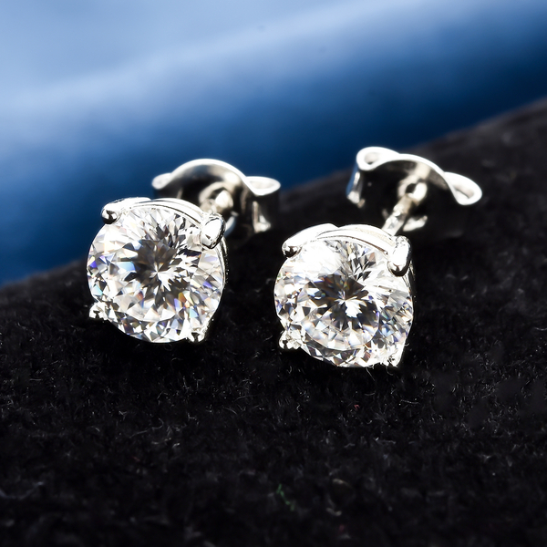 Moissanite (120 Faceted) Stud Earrings (With Push Back) in Rhodium Overlay Sterling Silver 1.75 Ct.