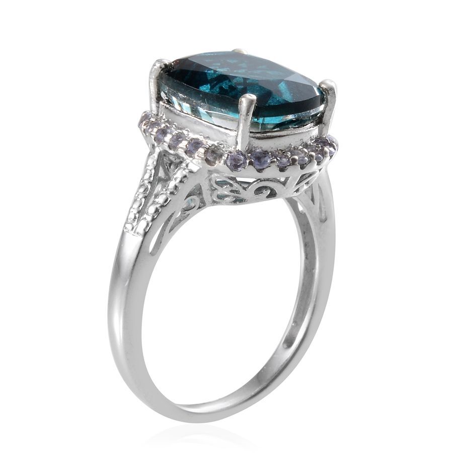 Indicolite Quartz (Cush 5.75 Ct), Tanzanite Ring in Platinum Overlay Sterling Silver 6.000 Ct.