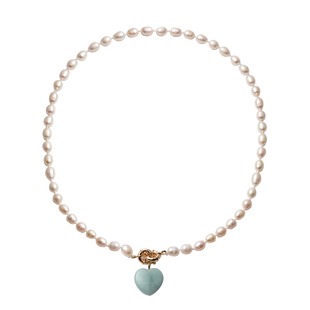 White Freshwater Pearl and Amazonite Necklace (Size 20) in Yellow Gold Tone