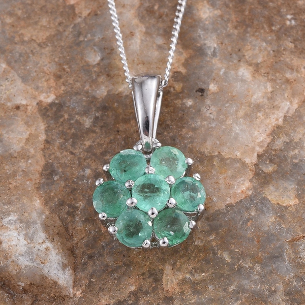 Kagem Zambian Emerald (Rnd) 7 Stone Floral Pendant With Chain in Platinum Overlay Sterling Silver 1.250 Ct.