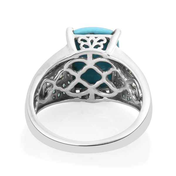 Limited Available- Arizona Sleeping Beauty Turquoise (Cus 14x10mm, 5.25 Ct.), Neon Apatite and Natural Cambodian Zircon Ring in  Platinum Overlay Sterling Silver 6.630 Ct.