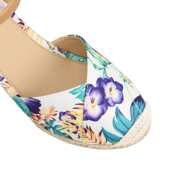 LA MAREY High Heel Floral Espadrilles Sandals with Hook & Loop Buckle (Size 3) - White & Multi