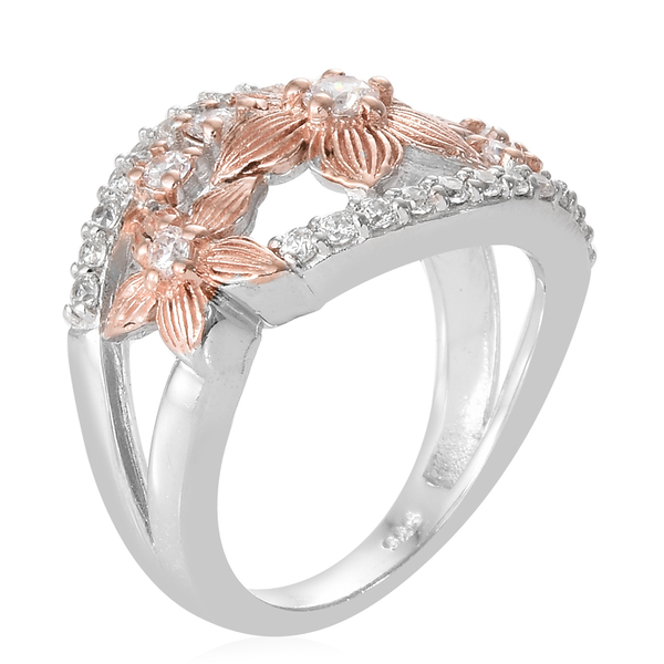 Lustro Stella - Rose Gold and Platinum Overlay Sterling Silver (Rnd) Floral Ring Made with Finest CZ  Silver wt 5.31 Gms.