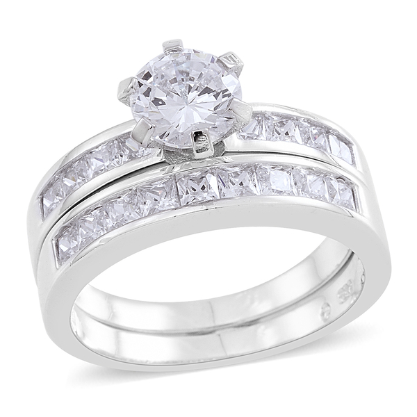 ELANZA AAA Simulated White Diamond (Rnd) 2 Ring Set in Rhodium Plated Sterling Silver