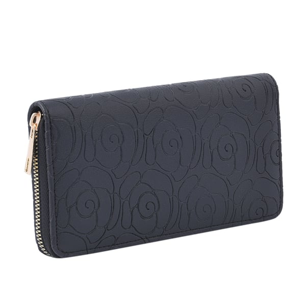 Rose Embossed Pattern Long Size Wallet with Zipper Closure (Size 19x10x3Cm) - Black