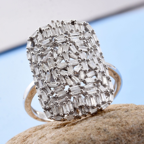 Designer Inspired Fire Cracker Diamond (Bgt) Cluster Ring in Platinum Overlay Sterling Silver 1.000 Ct.