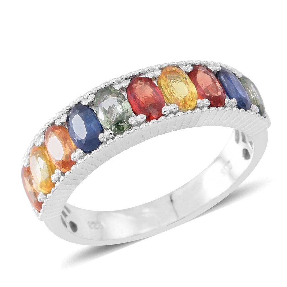 Rainbow Sapphire (Ovl) Half Eternity Band Ring in Rhodium Plated Sterling Silver 3.000 Ct.