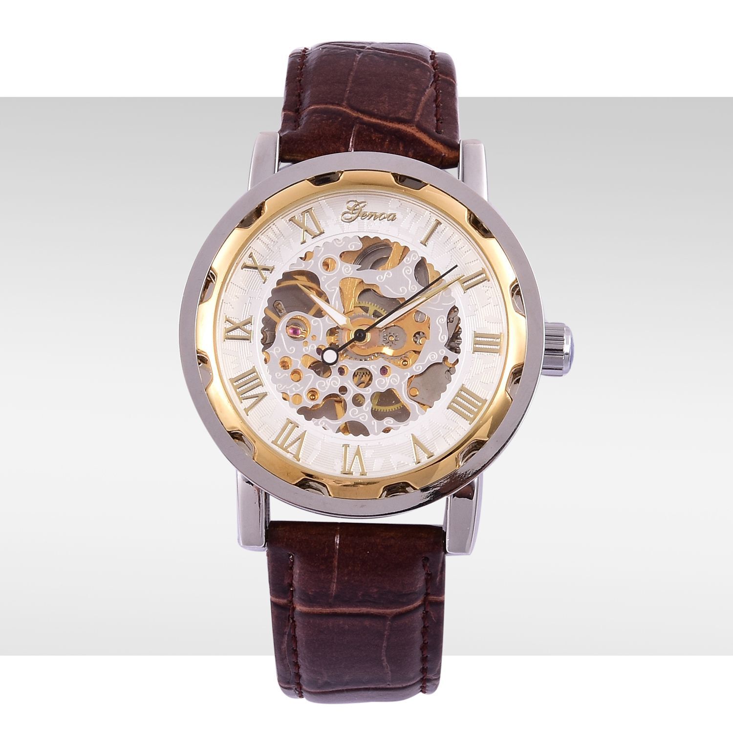 GENOA Automatic Skeleton White and Golden Dial Water Resistant Watch in Silver Tone with Stainless Steel Back and Black Strap