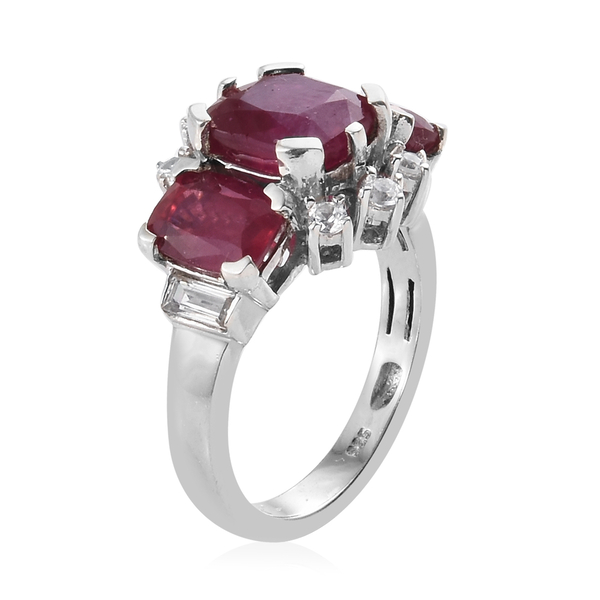 African Ruby (Cush), Natural Cambodian Zircon Trilogy Ring in Platinum Overlay Sterling Silver 6.500 Ct.