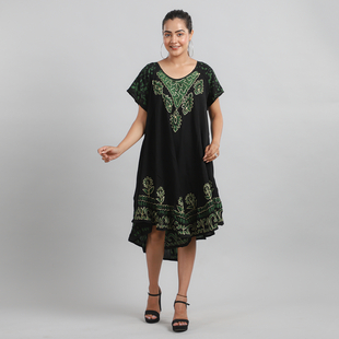 Viscose Crepe Umbrella Dress With Batik Print and Embroidery - Black
