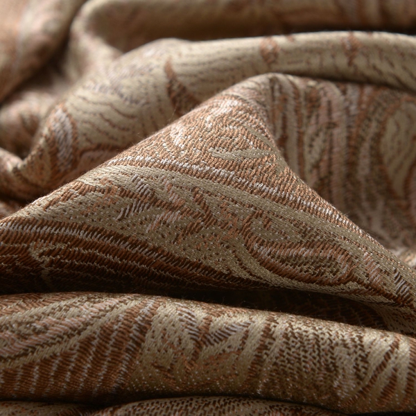 100% Superfine Silk Chocolate Colour Paisley Pattern Beige Colour Jacquard Jamawar Scarf with Fringes (Size 180x70 Cm) (Weight 125-140 Grams)