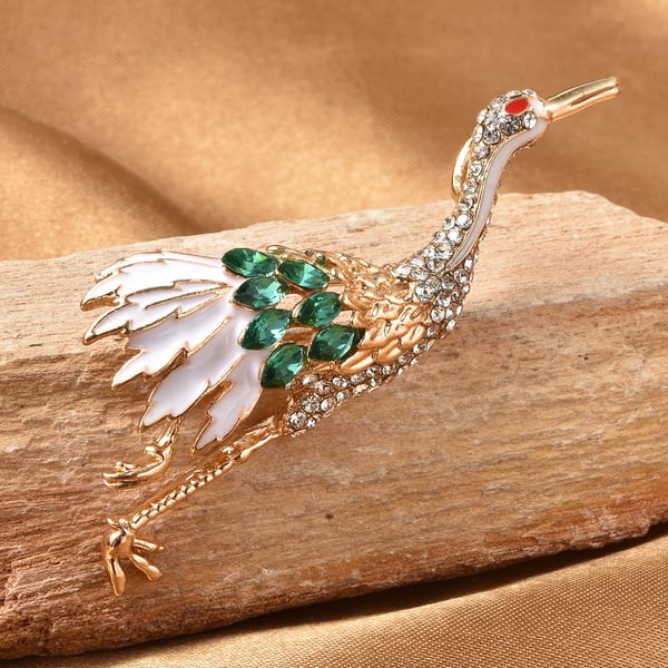 Simulated Emerald and White Austrian Crystal Enamelled Brooch Come Pendant in Yellow Gold Tone