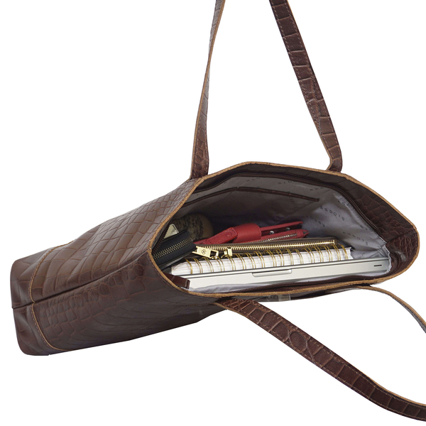 Assots London HELENE - 100% Genuine Croc Leather Handbag (Size 39x26x10cm) - Brown