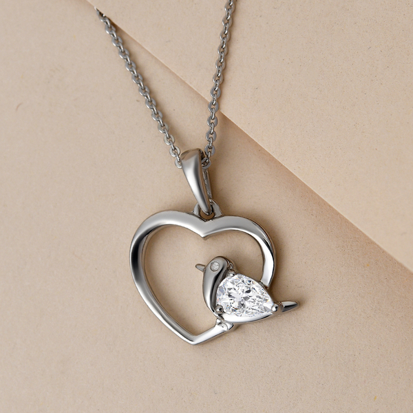 ELANZA Simulated Diamond Heart Pendant with Chain (Size 20) in Platinum Overlay Sterling Silver