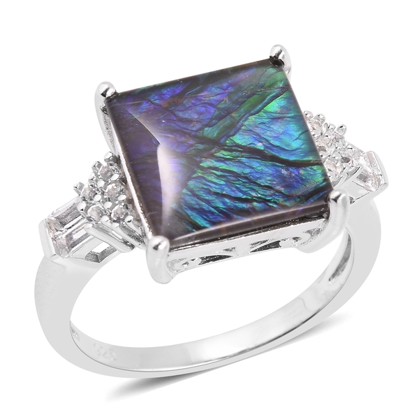 4.70 Ct AA Canadian Ammolite and White Topaz Ring in Rhodium Plated Silver