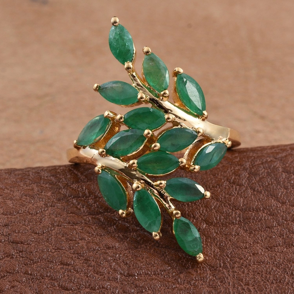 Kagem Zambian Emerald (Mrq) Leaves Crossover Ring in 14K Gold Overlay Sterling Silver 3.500 Ct.