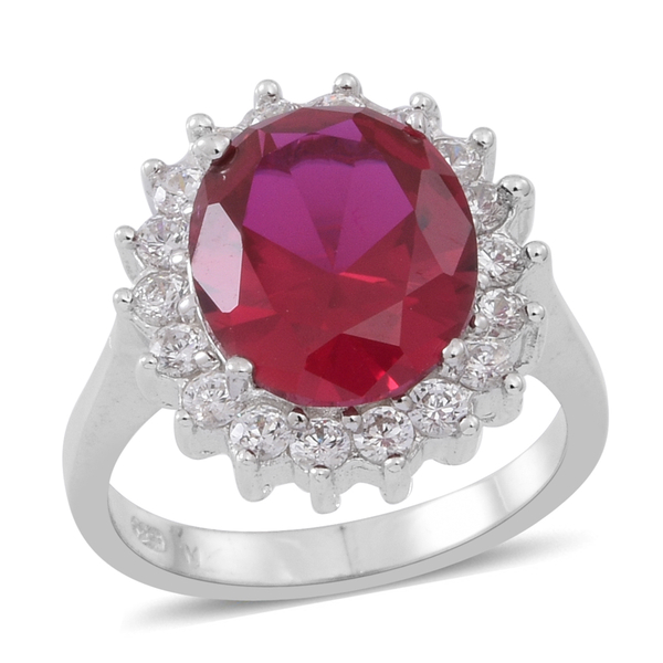 ELANZA AAA Simulated Pink Sapphire (Ovl), Simulated Diamond Ring in Rhodium Plated Sterling Silver