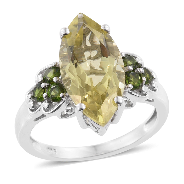 Natural Green Gold Quartz (Mrq 5.20 Ct), Chrome Diopside Ring in Platinum Overlay Sterling Silver 5.