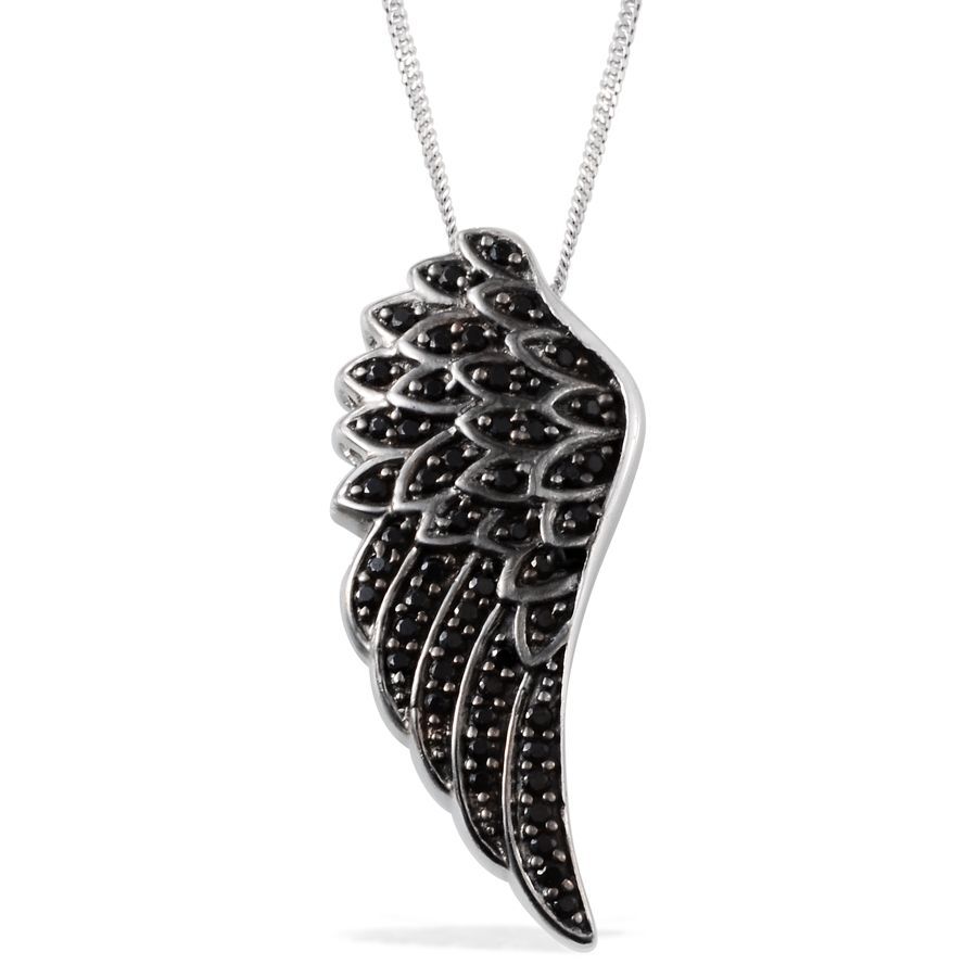 Boi Ploi Black Spinel (Rnd) Angel Wing Pendant With Chain in Platinum Overlay Sterling Silver 0.750 