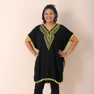 JOVIE Embroidered Kaftan With Tassel Detailing - Black and Yellow