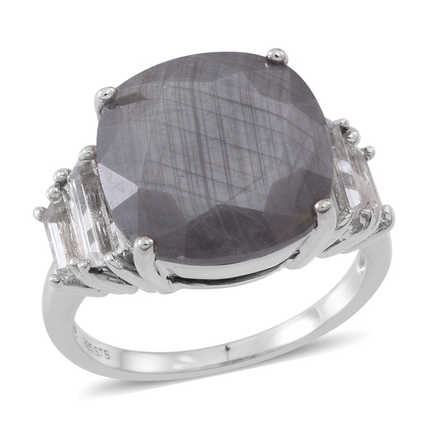 Natural Silver Sapphire (Cush 11.85 Ct), White Topaz Ring in Rhodium Plated Sterling Silver 13.000 C