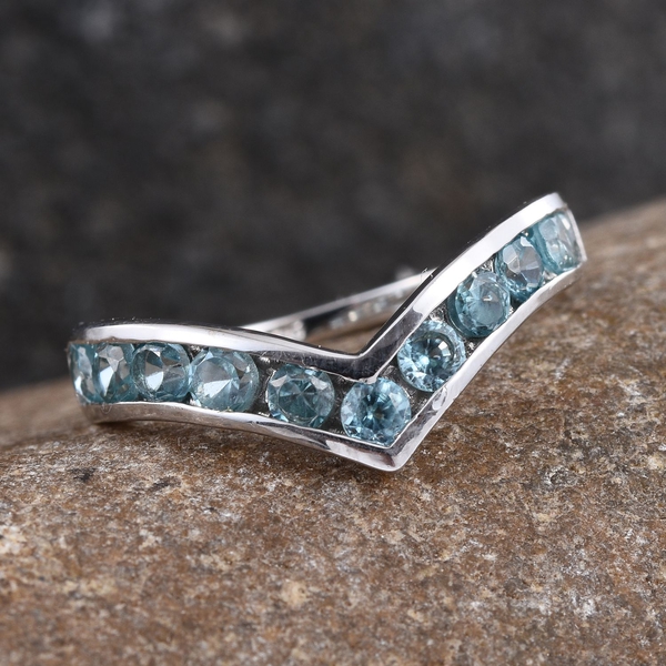 AA Natural Cambodian Blue Zircon (Rnd) Wishbone Ring in Platinum Overlay Sterling Silver 1.650 Ct.
