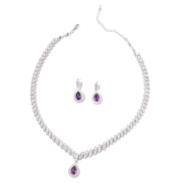 AAA Simulated Amethyst and Simulated White Diamond Necklace (Size 18 with 2 inch Extender) and Earri