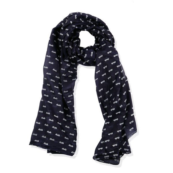 100% Mulberry Silk White Spectacles Printed Navy Blue Colour Scarf (Size 180x100 Cm)