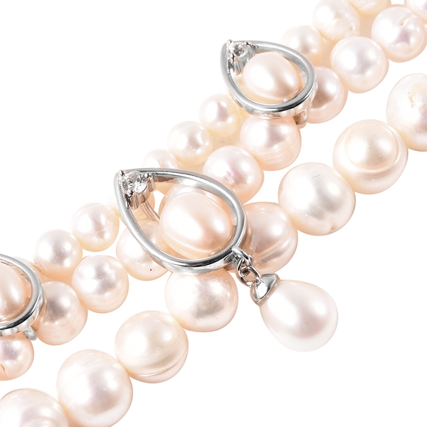 LucyQ Pearl Drop Collection - White Freshwater Pearl, Natural Cambodian Zircon Three Layer Bracelet (Size 7.5) in Rhodium Overlay Sterling Silver