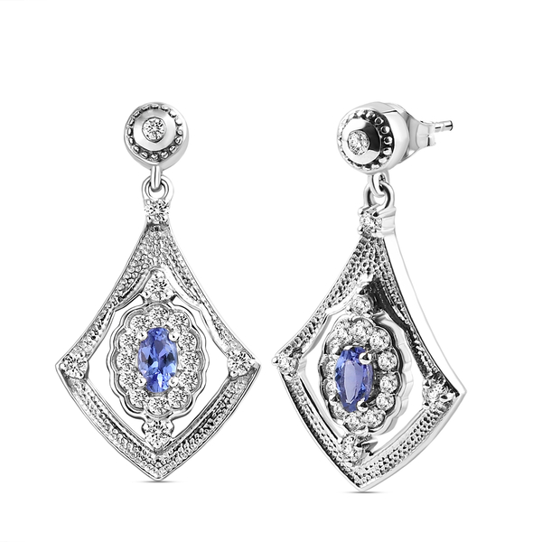 Tanzanite and Natural Cambodian Zircon Dangling Earrings in Platinum Overlay Sterling Silver 1.27 Ct